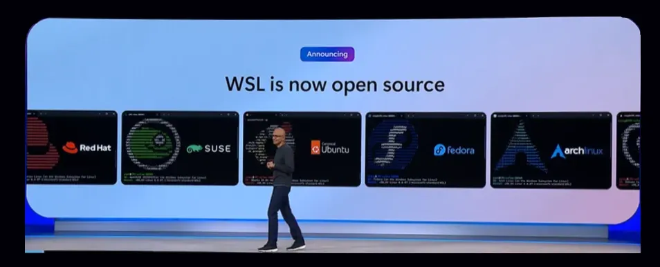 Screenshot of Satya introducing WSL going Open Source at the 2025 Build conference.